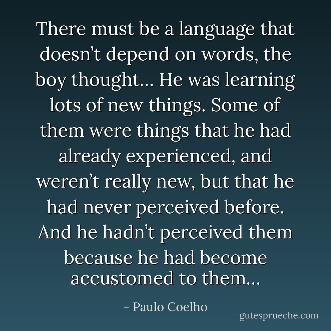 There must be a language that doesn’t depend on words, the boy thought… He was learning lots of new things. Some of them were things that he had already experienced, and weren’t really new, but that he had never perceived before. And he hadn’t perceived them because he had become accustomed to them… - Paulo Coelho