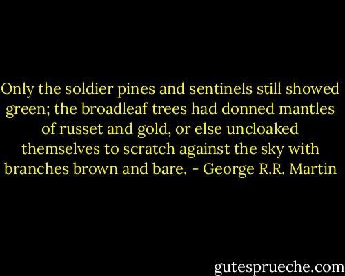 Only the soldier pines and sentinels still showed green; the broadleaf trees had donned mantles of russet and gold, or else uncloaked themselves to scratch against the sky with branches brown and bare. - George R.R. Martin