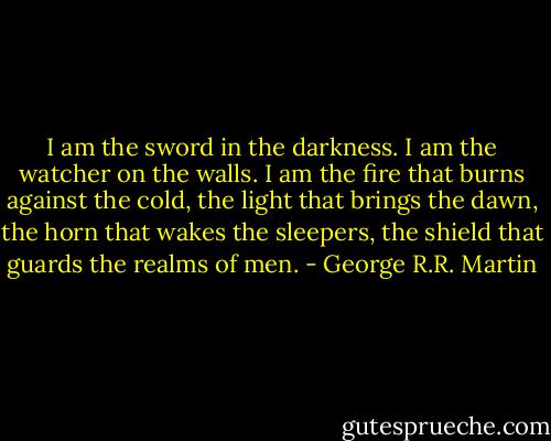 I am the sword in the darkness. I am the watcher on the walls. I am the fire that burns against the cold, the light that brings the dawn, the horn that wakes the sleepers, the shield that guards the realms of men. - George R.R. Martin