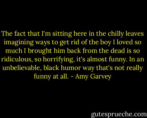 The fact that I'm sitting here in the chilly leaves imagining ways to get rid of the boy I loved so much I brought him back from the dead is so ridiculous, so horrifying, it's almost funny. In an unbelievable, black humor way that's not really funny at all. - Amy Garvey