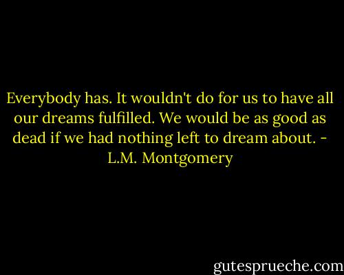 Everybody has. It wouldn't do for us to have all our dreams fulfilled. We would be as good as dead if we had nothing left to dream about. - L.M. Montgomery