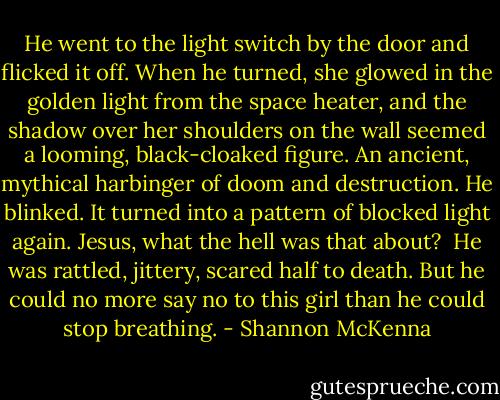 He went to the light switch by the door and flicked it off. When he turned, she glowed in the golden light from the space heater, and the shadow over her shoulders on the wall seemed a looming, black-cloaked figure. An ancient, mythical harbinger of doom and destruction.<br />He blinked. It turned into a pattern of blocked light again.<br />Jesus, what the hell was that about? <br />He was rattled, jittery, scared half to death. But he could no more say no to this girl than he could stop breathing. - Shannon McKenna