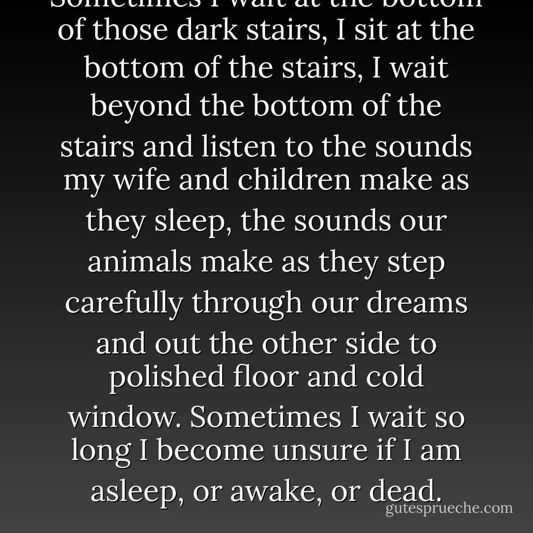 Sometimes I wait at the bottom of those dark stairs, I sit at the bottom of the stairs, I wait beyond the bottom of the stairs and listen to the sounds my wife and children make as they sleep, the sounds our animals make as they step carefully through our dreams and out the other side to polished floor and cold window. Sometimes I wait so long I become unsure if I am asleep, or awake, or dead. - Steve Rasnic Tem