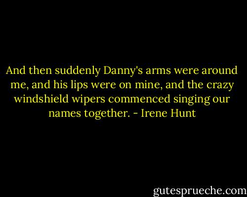 And then suddenly Danny's arms were around me, and his lips were on mine, and the crazy windshield wipers commenced singing our names together. - Irene Hunt