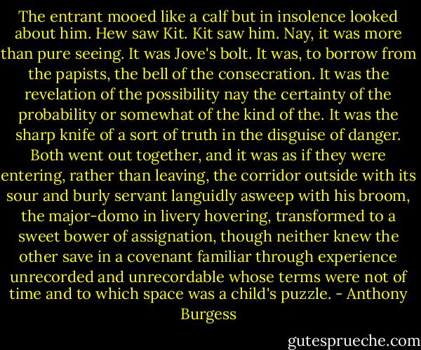 The entrant mooed like a calf but in insolence looked about him. Hew saw Kit. Kit saw him. Nay, it was more than pure seeing. It was Jove's bolt. It was, to borrow from the papists, the bell of the consecration. It was the revelation of the possibility nay the certainty of the probability or somewhat of the kind of the. It was the sharp knife of a sort of truth in the disguise of danger. Both went out together, and it was as if they were entering, rather than leaving, the corridor outside with its sour and burly servant languidly asweep with his broom, the major-domo in livery hovering, transformed to a sweet bower of assignation, though neither knew the other save in a covenant familiar through experience unrecorded and unrecordable whose terms were not of time and to which space was a child's puzzle. - Anthony Burgess