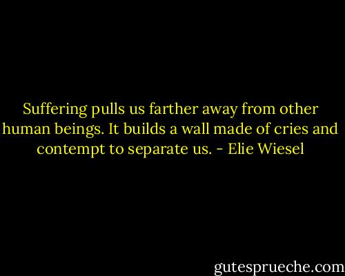 Suffering pulls us farther away from other human beings. It builds a wall made of cries and contempt to separate us. - Elie Wiesel