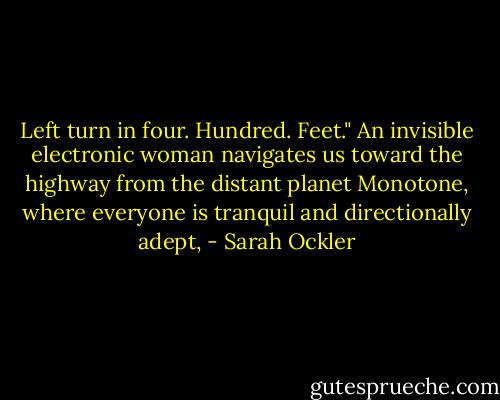 Left turn in four. Hundred. Feet."<br />An invisible electronic woman navigates us toward the highway from the distant planet Monotone, where everyone is tranquil and directionally adept, - Sarah Ockler