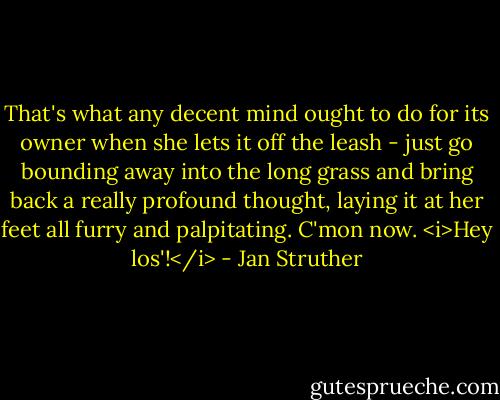 That's what any decent mind ought to do for its owner when she lets it off the leash - just go bounding away into the long grass and bring back a really profound thought, laying it at her feet all furry and palpitating. C'mon now. <i>Hey los'!</i> - Jan Struther