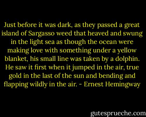 Just before it was dark, as they passed a great island of Sargasso weed that heaved and swung in the light sea as though the ocean were making love with something under a yellow blanket, his small line was taken by a dolphin. He saw it first when it jumped in the air, true gold in the last of the sun and bending and flapping wildly in the air. - Ernest Hemingway