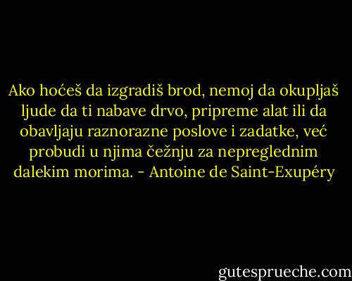 Ako hoćeš da izgradiš brod, nemoj da okupljaš ljude da ti nabave drvo, pripreme alat ili da obavljaju raznorazne poslove i zadatke, već probudi u njima čežnju za nepreglednim dalekim morima. - Antoine de Saint-Exupéry