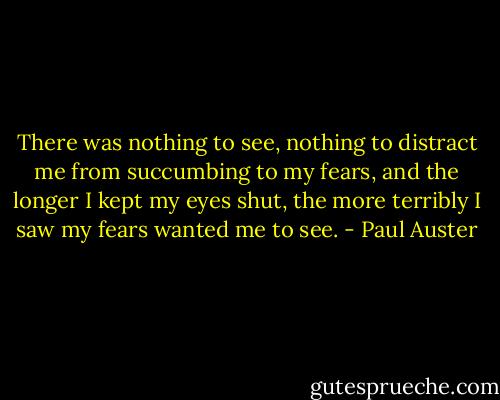There was nothing to see, nothing to distract me from succumbing to my fears, and the longer I kept my eyes shut, the more terribly I saw my fears wanted me to see. - Paul Auster
