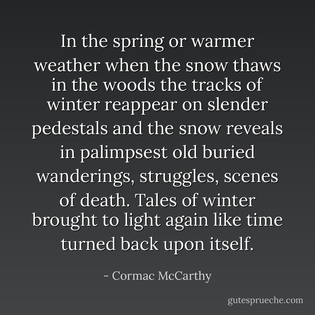 In the spring or warmer weather when the snow thaws in the woods the tracks of winter reappear on slender pedestals and the snow reveals in palimpsest old buried wanderings, struggles, scenes of death. Tales of winter brought to light again like time turned back upon itself. - Cormac McCarthy