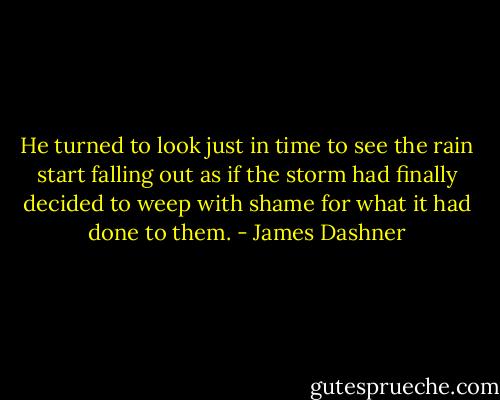 He turned to look just in time to see the rain start falling out as if the storm had finally decided to weep with shame for what it had done to them. - James Dashner