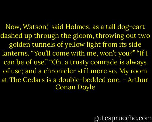 Now, Watson,” said Holmes, as a tall dog-cart dashed up through the gloom, throwing out two golden tunnels of yellow light from its side lanterns. “You’ll come with me, won’t you?”<br />“If I can be of use.”<br />“Oh, a trusty comrade is always of use; and a chronicler still more so. My room at The Cedars is a double-bedded one. - Arthur Conan Doyle