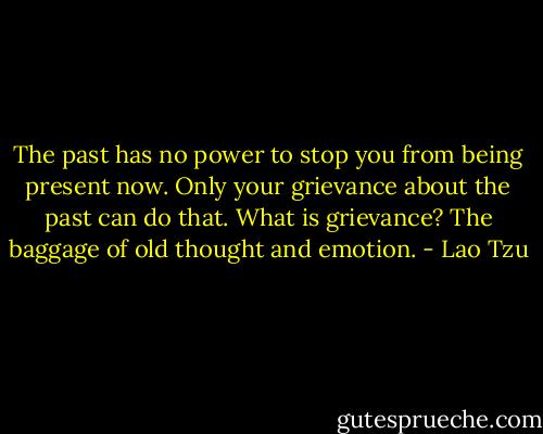 The past has no power to stop you<br />from being present now.<br />Only your grievance about<br />the past can do that.<br />What is grievance?<br />The baggage of old<br />thought and emotion. - Lao Tzu