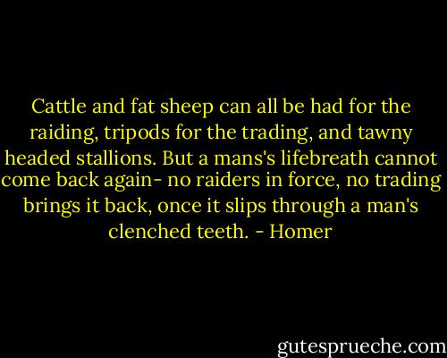Cattle and fat sheep can all be had for the raiding, tripods for the trading, and tawny headed stallions. But a mans's lifebreath cannot come back again- no raiders in force, no trading brings it back, once it slips through a man's clenched teeth. - Homer