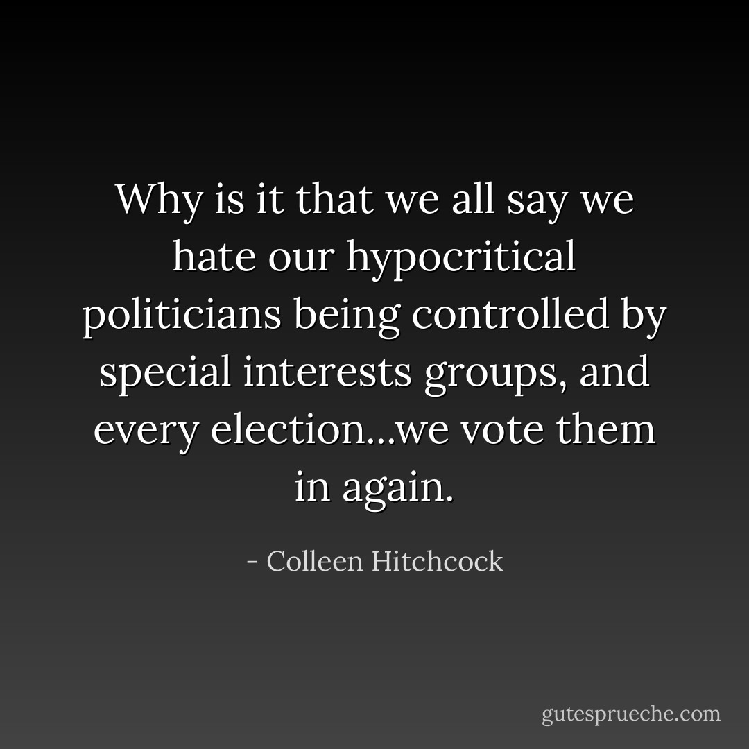 Why is it that we all say we hate our hypocritical politicians being controlled by special interests groups, and every election...we vote them in again. - Colleen Hitchcock