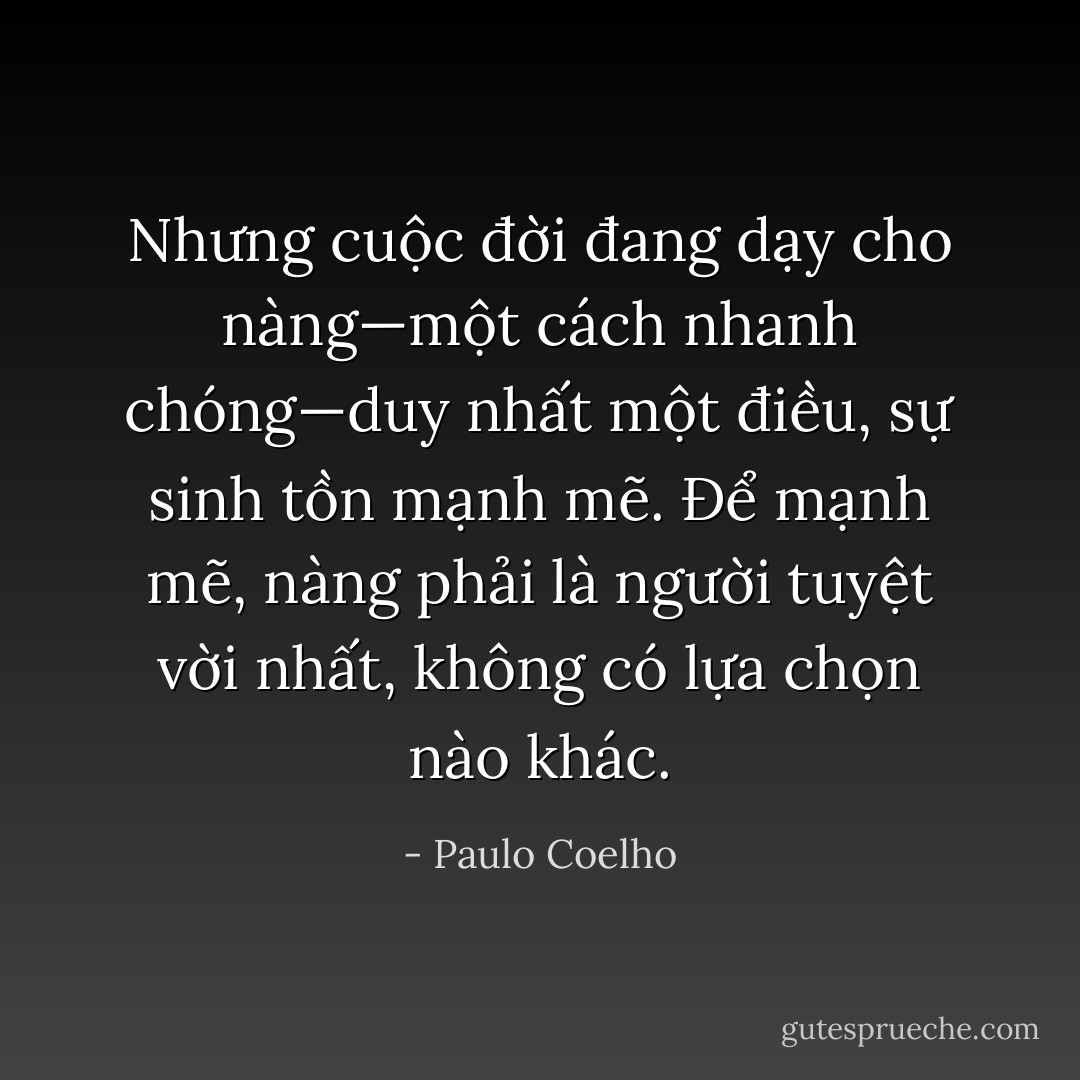 Nhưng cuộc đời đang dạy cho nàng—một cách nhanh chóng—duy nhất một điều, sự sinh tồn mạnh mẽ. Để mạnh mẽ, nàng phải là người tuyệt vời nhất, không có lựa chọn nào khác. - Paulo Coelho