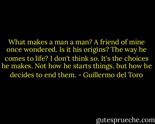 What makes a man a man? A friend of mine once wondered. Is it his origins? The way he comes to life? I don't think so. It's the choices he makes. Not how he starts things, but how he decides to end them. - Guillermo del Toro