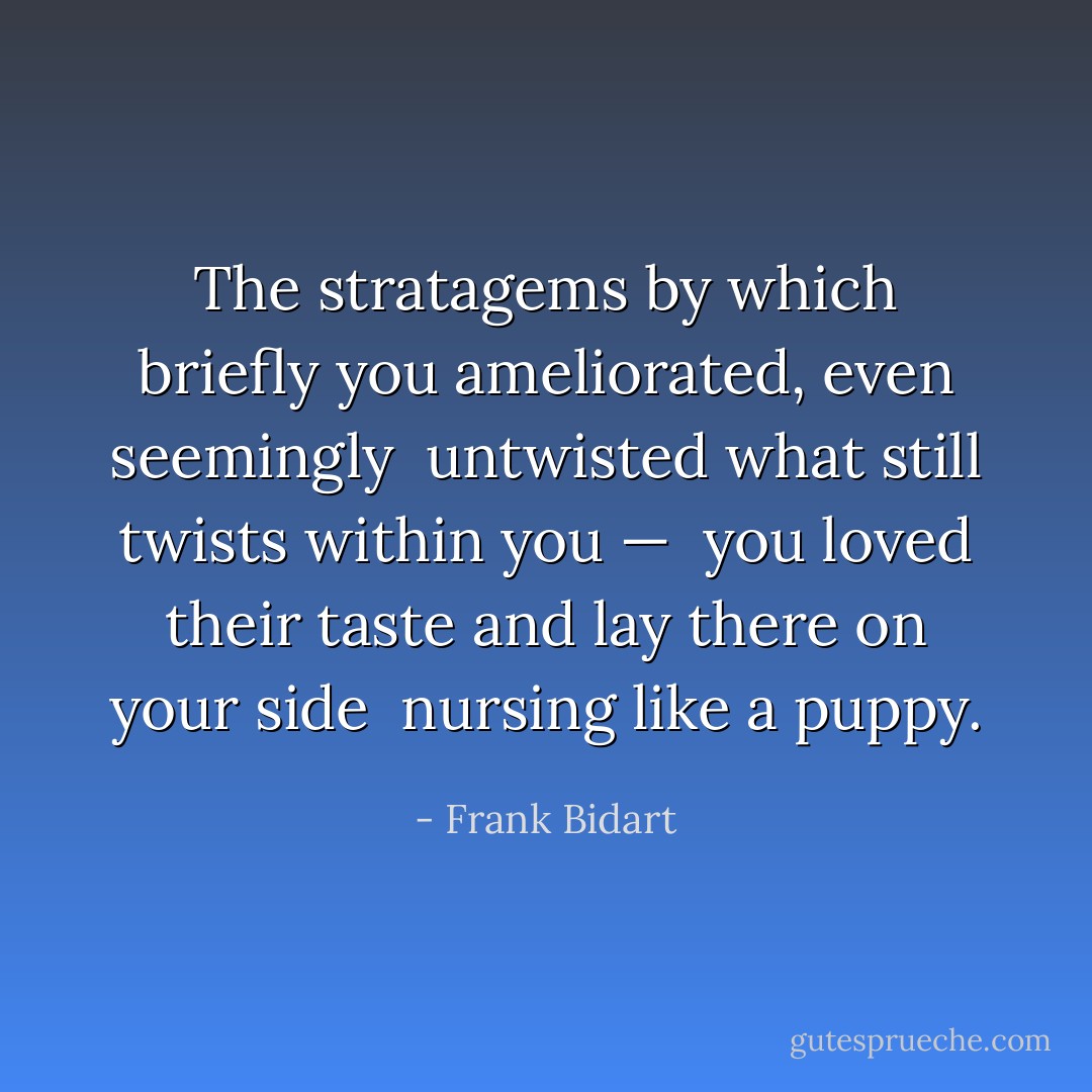 The stratagems by which briefly you<br />ameliorated, even seemingly<br /><br />untwisted what still twists within you —<br /><br />you loved their taste and lay there<br />on your side<br /><br />nursing like a puppy. - Frank Bidart