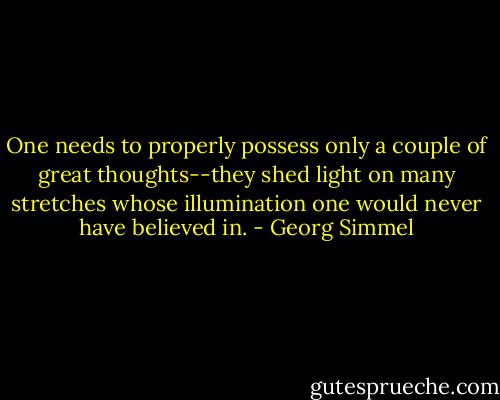 One needs to properly possess only a couple of great thoughts--they shed light on many stretches whose illumination one would never have believed in. - Georg Simmel