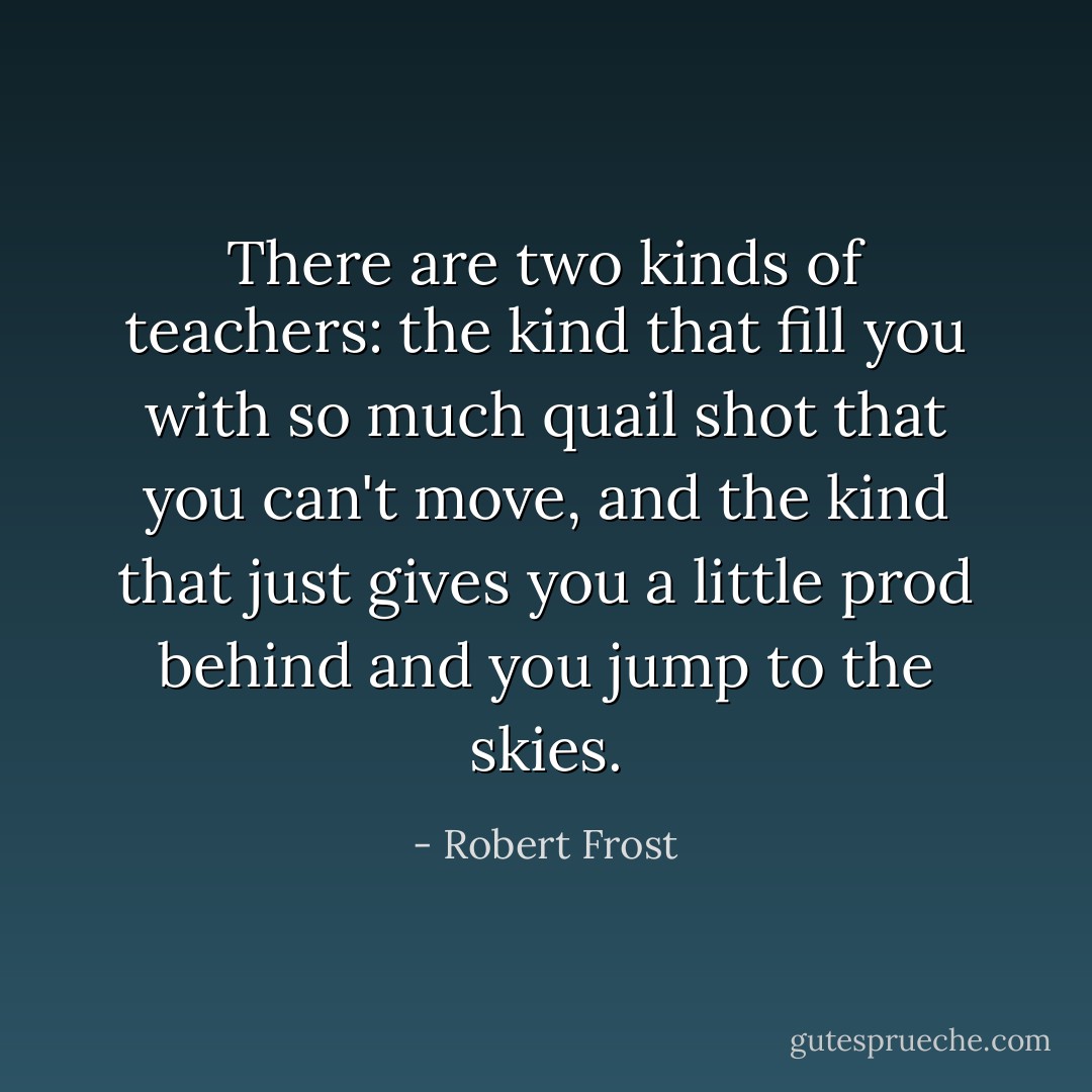 There are two kinds of teachers: the kind that fill you with so much quail shot that you can't move, and the kind that just gives you a little prod behind and you jump to the skies. - Robert Frost