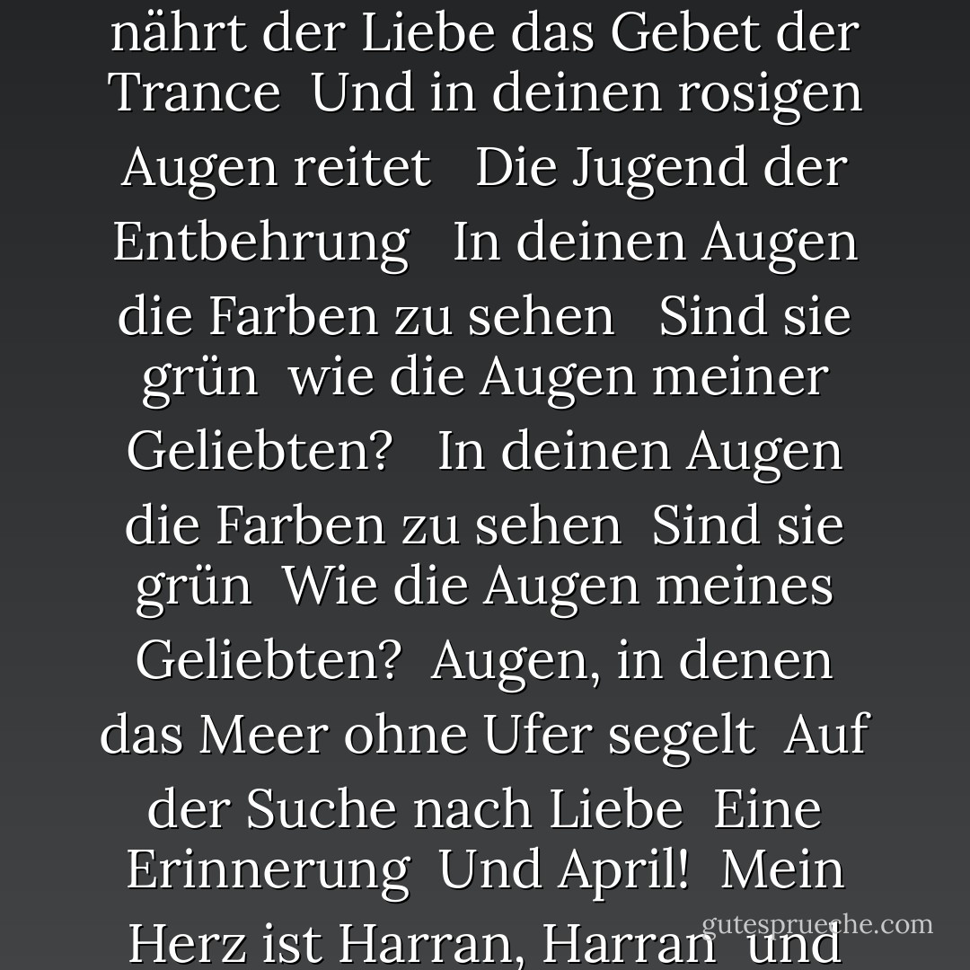 In der Stille der Kathedralen<br /><br />Bilder der Jungfrau mit hängenden Augenlidern<br /><br />Wer nährt der Liebe das Gebet der Trance<br /><br />Und in deinen rosigen Augen reitet<br /><br /><br />Die Jugend der Entbehrung<br /><br /><br />In deinen Augen die Farben zu sehen<br /><br /><br />Sind sie grün<br /><br />wie die Augen meiner Geliebten? <br /><br />In deinen Augen die Farben zu sehen<br /><br />Sind sie grün<br /><br />Wie die Augen meines Geliebten?<br /><br />Augen, in denen das Meer ohne Ufer segelt<br /><br />Auf der Suche nach Liebe<br /><br />Eine Erinnerung<br /><br />Und April!<br /><br />Mein Herz ist Harran, Harran<br /><br />und die grünen Augen<br /><br />sind zwei Fächer! - أمل دنقل<
