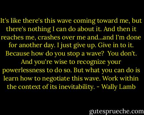 It's like there's this wave coming toward me, but there's nothing I can do about it. And then it reaches me, crashes over me and...and I'm done for another day. I just give up. Give in to it. Because how do you stop a wave?<br /><br />You don't. And you're wise to recognize your powerlessness to do so. But what you can do is learn how to negotiate this wave. Work within the context of its inevitability. - Wally Lamb
