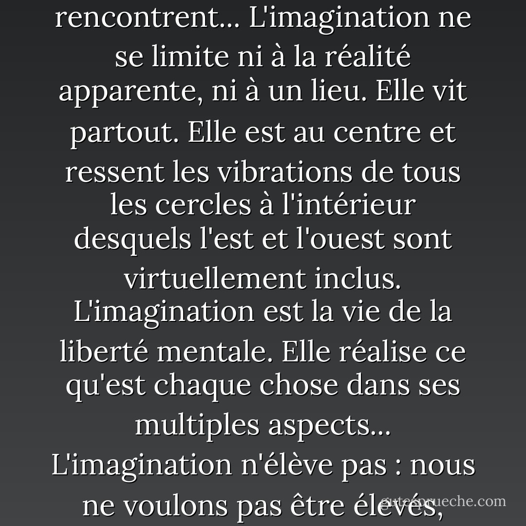 L'imagination voit la réalité complète, - c'est là que le passé, le présent et le futur se rencontrent... L'imagination ne se limite ni à la réalité apparente, ni à un lieu. Elle vit partout. Elle est au centre et ressent les vibrations de tous les cercles à l'intérieur desquels l'est et l'ouest sont virtuellement inclus. L'imagination est la vie de la liberté mentale. Elle réalise ce qu'est chaque chose dans ses multiples aspects... L'imagination n'élève pas : nous ne voulons pas être élevés, nous voulons être plus complètement conscients. - Kahlil Gibran