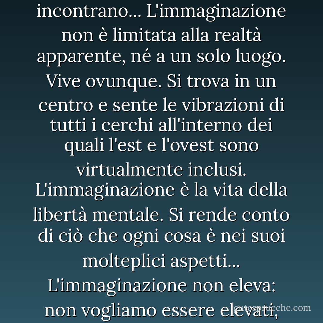 L'immaginazione vede la realtà completa, è il luogo in cui passato, presente e futuro si incontrano... L'immaginazione non è limitata alla realtà apparente, né a un solo luogo. Vive ovunque. Si trova in un centro e sente le vibrazioni di tutti i cerchi all'interno dei quali l'est e l'ovest sono virtualmente inclusi. L'immaginazione è la vita della libertà mentale. Si rende conto di ciò che ogni cosa è nei suoi molteplici aspetti... L'immaginazione non eleva: non vogliamo essere elevati, vogliamo essere più completamente consapevoli. - Kahlil Gibran