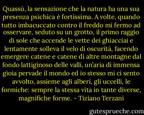 Quassù, la sensazione che la natura ha una sua presenza psichica è fortissima. A volte, quando tutto imbacuccato contro il freddo mi fermo ad osservare, seduto su un grotto, il primo raggio di sole che accende le vette dei ghiacciai e lentamente solleva il velo di oscurità, facendo emergere catene e catene di altre montagne dal fondo lattiginoso delle valli, un’aria di immensa gioia pervade il mondo ed io stesso mi ci sento avvolto, assieme agli alberi, gli uccelli, le formiche: sempre la stessa vita in tante diverse, magnifiche forme. - Tiziano Terzani
