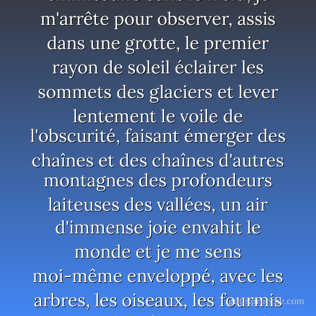 Ici, le sentiment que la nature a une présence psychique propre est très fort. Parfois, lorsque, emmitouflé dans le froid, je m'arrête pour observer, assis dans une grotte, le premier rayon de soleil éclairer les sommets des glaciers et lever lentement le voile de l'obscurité, faisant émerger des chaînes et des chaînes d'autres montagnes des profondeurs laiteuses des vallées, un air d'immense joie envahit le monde et je me sens moi-même enveloppé, avec les arbres, les oiseaux, les fourmis : toujours la même vie sous des formes si différentes et si magnifiques. - Tiziano Terzani