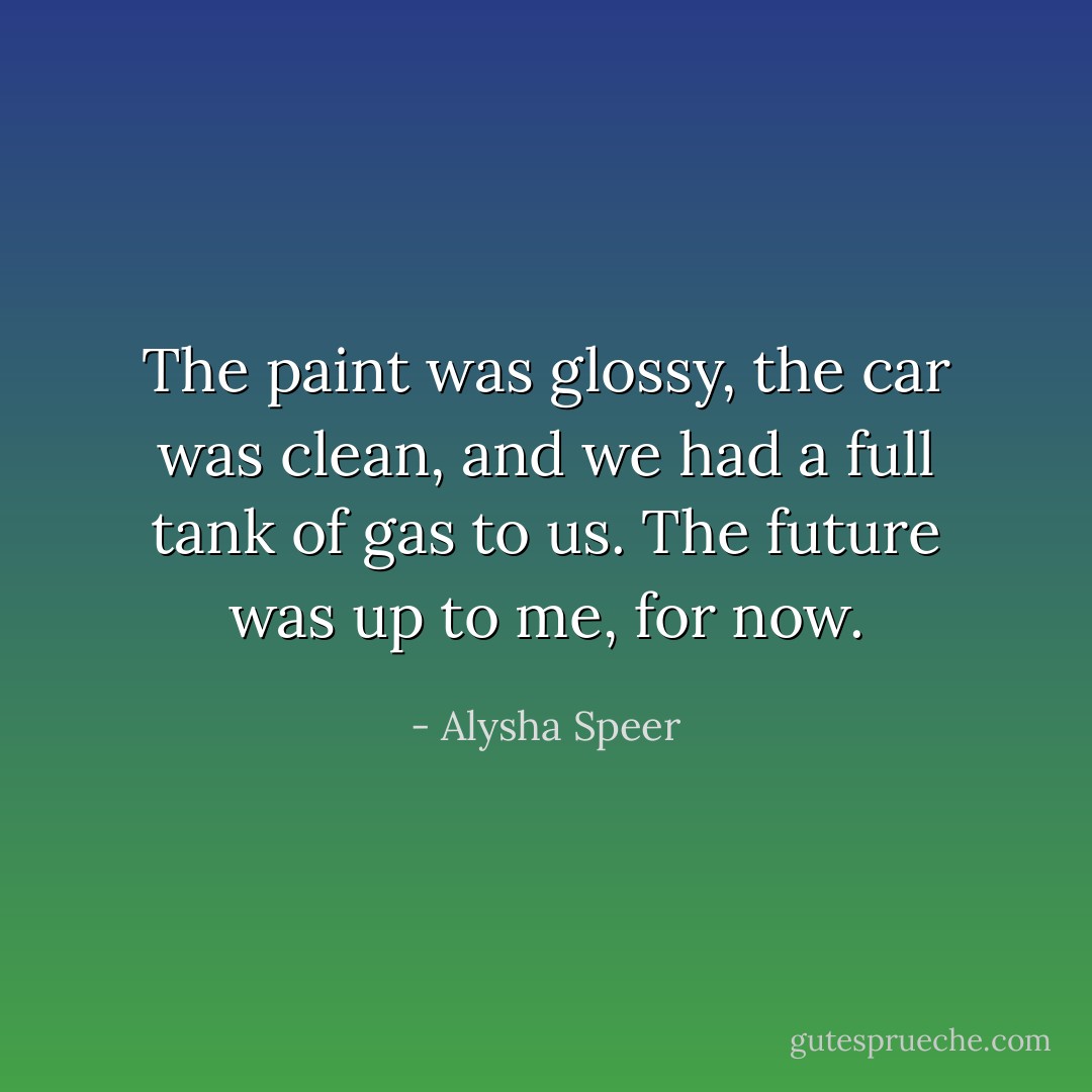 The paint was glossy, the car was clean, and we had a full tank of gas to us. The future was up to me, for now. - Alysha Speer