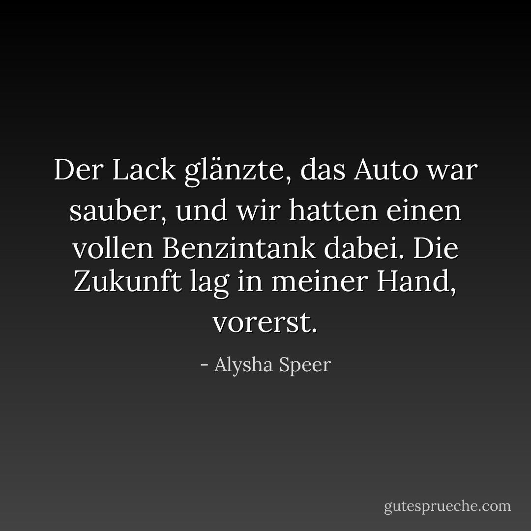 Der Lack glänzte, das Auto war sauber, und wir hatten einen vollen Benzintank dabei. Die Zukunft lag in meiner Hand, vorerst. - Alysha Speer<