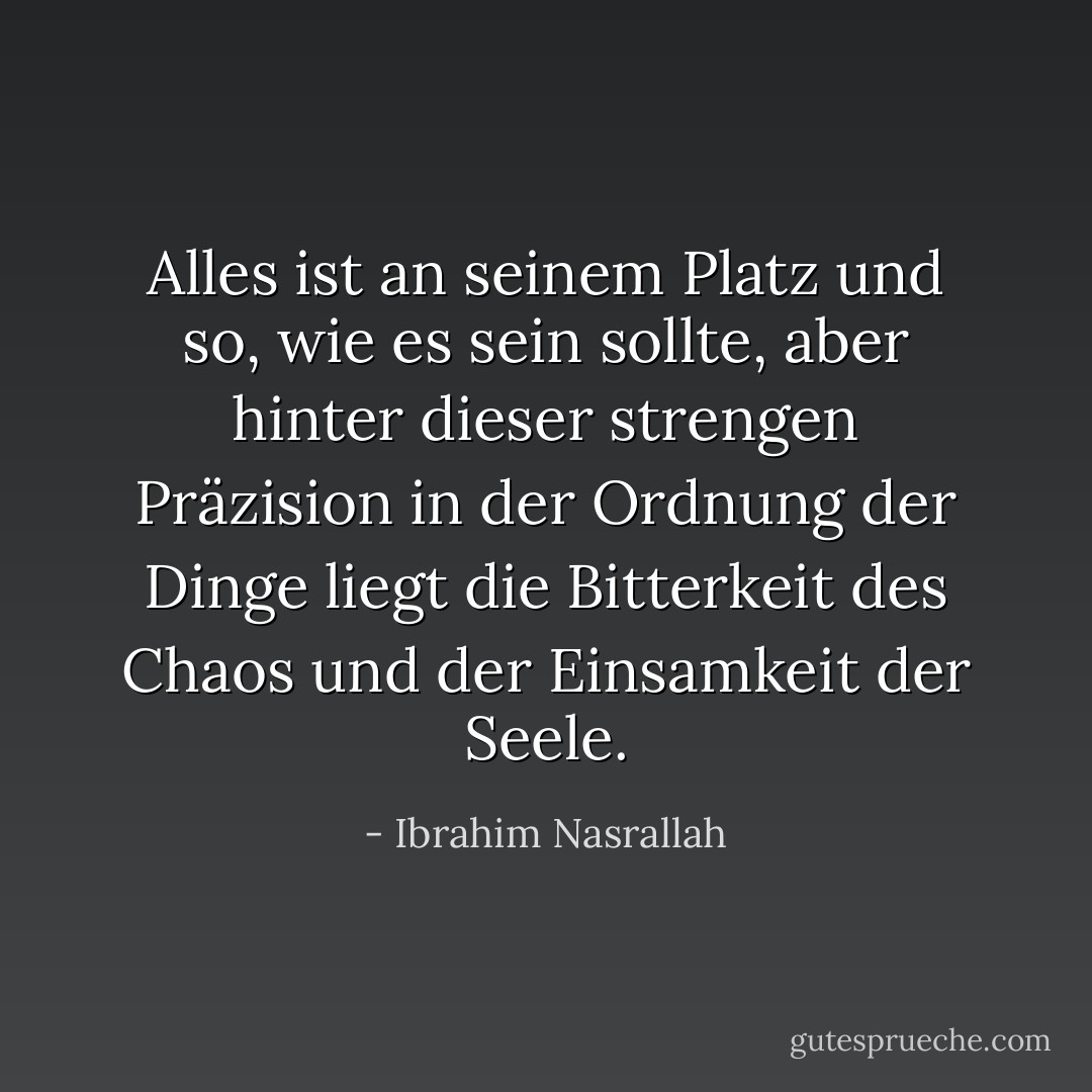 Alles ist an seinem Platz und so, wie es sein sollte, aber hinter dieser strengen Präzision in der Ordnung der Dinge liegt die Bitterkeit des Chaos und der Einsamkeit der Seele. - Ibrahim Nasrallah<