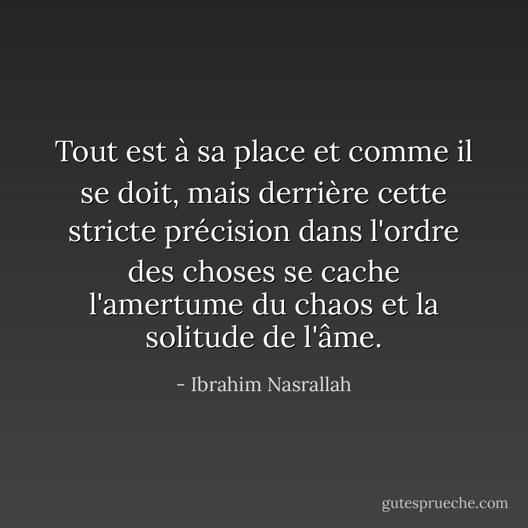 Tout est à sa place et comme il se doit, mais derrière cette stricte précision dans l'ordre des choses se cache l'amertume du chaos et la solitude de l'âme. - Ibrahim Nasrallah