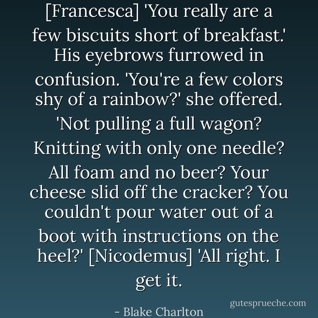 [Francesca] 'You really are a few biscuits short of breakfast.'<br />His eyebrows furrowed in confusion.<br />'You're a few colors shy of a rainbow?' she offered. 'Not pulling a full wagon? Knitting with only one needle? All foam and no beer? Your cheese slid off the cracker? You couldn't pour water out of a boot with instructions on the heel?'<br />[Nicodemus] 'All right. I get it. - Blake Charlton