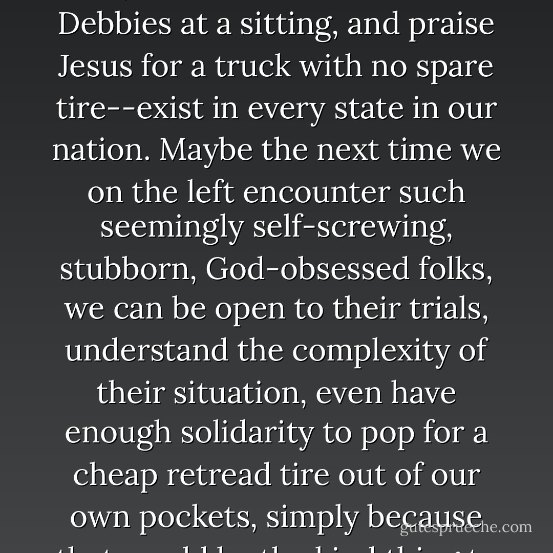 This book is written from a changing town in Virginia, but this class of mine, these people--the ones who smell like an ashtray in the checkout line, devour a carton of Little Debbies at a sitting, and praise Jesus for a truck with no spare tire--exist in every state in our nation. Maybe the next time we on the left encounter such seemingly self-screwing, stubborn, God-obsessed folks, we can be open to their trials, understand the complexity of their situation, even have enough solidarity to pop for a cheap retread tire out of our own pockets, simply because that would be the kind thing to do and surely would make the ghosts of Joe Hill, Eleanor Roosevelt, and Mohandas Gandhi smile. - Joe Bageant