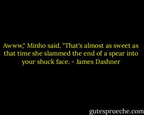 Awww," Minho said. "That's almost as sweet as that time she slammed the end of a spear into your shuck face. - James Dashner
