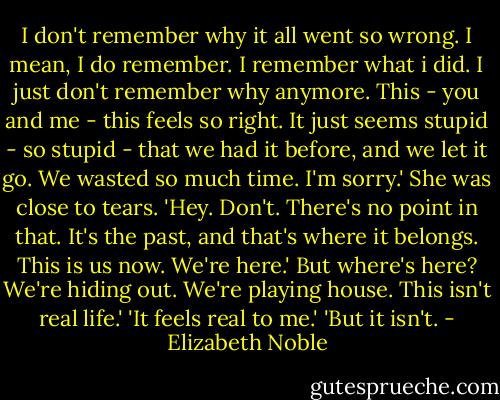 I don't remember why it all went so wrong. I mean, I do remember. I remember what i did. I just don't remember why anymore. This - you and me - this feels so right. It just seems stupid - so stupid - that we had it before, and we let it go. We wasted so much time. I'm sorry.' She was close to tears.<br />'Hey. Don't. There's no point in that. It's the past, and that's where it belongs. This is us now. We're here.'<br />But where's here? We're hiding out. We're playing house. This isn't real life.'<br />'It feels real to me.'<br />'But it isn't. - Elizabeth Noble