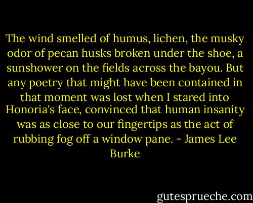 The wind smelled of humus, lichen, the musky odor of pecan husks broken under the shoe, a sunshower on the fields across the bayou. But any poetry that might have been contained in that moment was lost when I stared into Honoria's face, convinced that human insanity was as close to our fingertips as the act of rubbing fog off a window pane. - James Lee Burke