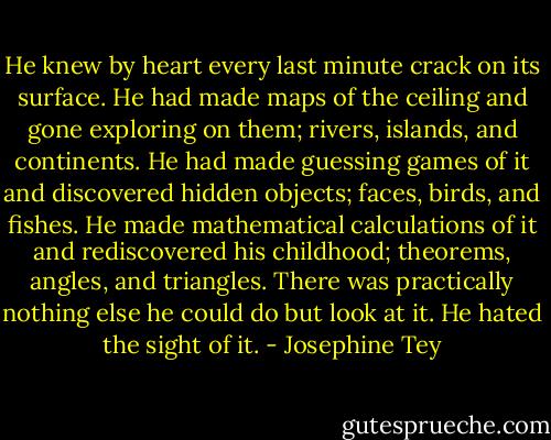 He knew by heart every last minute crack on its surface. He had made maps of the ceiling and gone exploring on them; rivers, islands, and continents. He had made guessing games of it and discovered hidden objects; faces, birds, and fishes. He made mathematical calculations of it and rediscovered his childhood; theorems, angles, and triangles. There was practically nothing else he could do but look at it. He hated the sight of it. - Josephine Tey