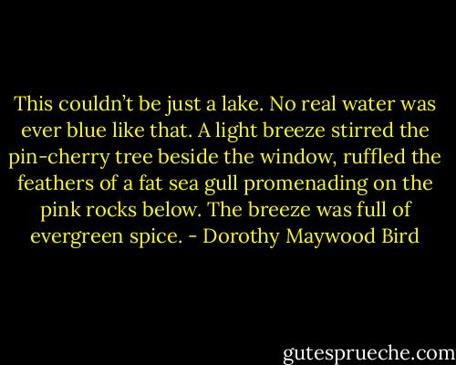 This couldn’t be just a lake. No real water was ever blue like that. A light breeze stirred the pin-cherry tree beside the window, ruffled the feathers of a fat sea gull promenading on the pink rocks below. The breeze was full of evergreen spice. - Dorothy Maywood Bird