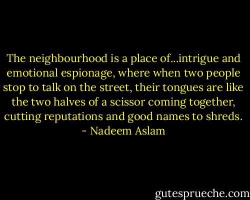 The neighbourhood is a place of...intrigue and emotional espionage, where when two people stop to talk on the street, their tongues are like the two halves of a scissor coming together, cutting reputations and good names to shreds. - Nadeem Aslam