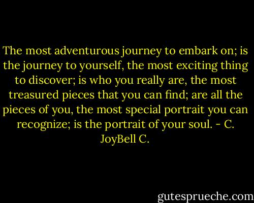 The most adventurous journey to embark on; is the journey to yourself, the most exciting thing to discover; is who you really are, the most treasured pieces that you can find; are all the pieces of you, the most special portrait you can recognize; is the portrait of your soul. - C. JoyBell C.