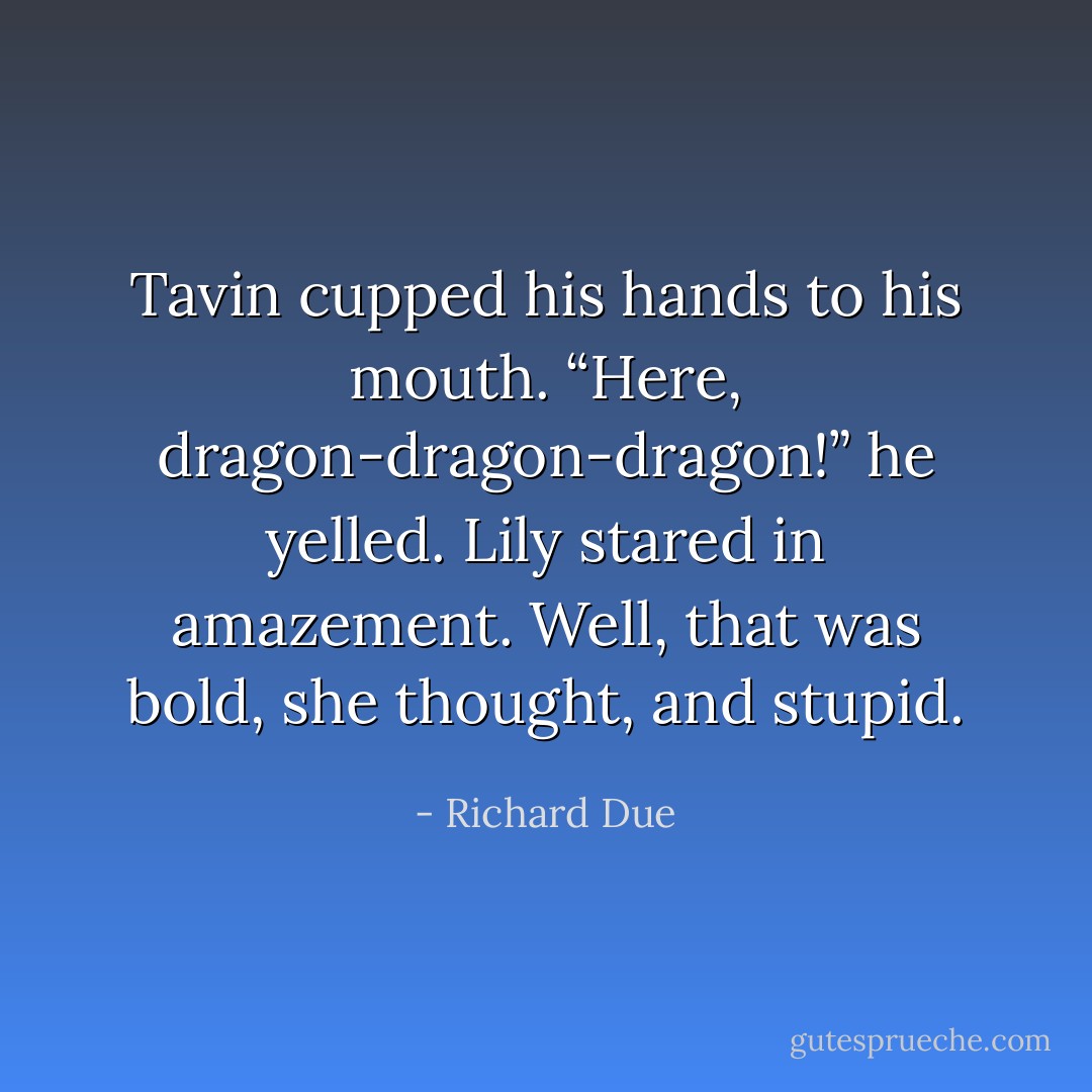 Tavin cupped his hands to his mouth. “Here, dragon-dragon-dragon!” he yelled.<br />Lily stared in amazement. Well, that was bold, she thought, and stupid. - Richard Due