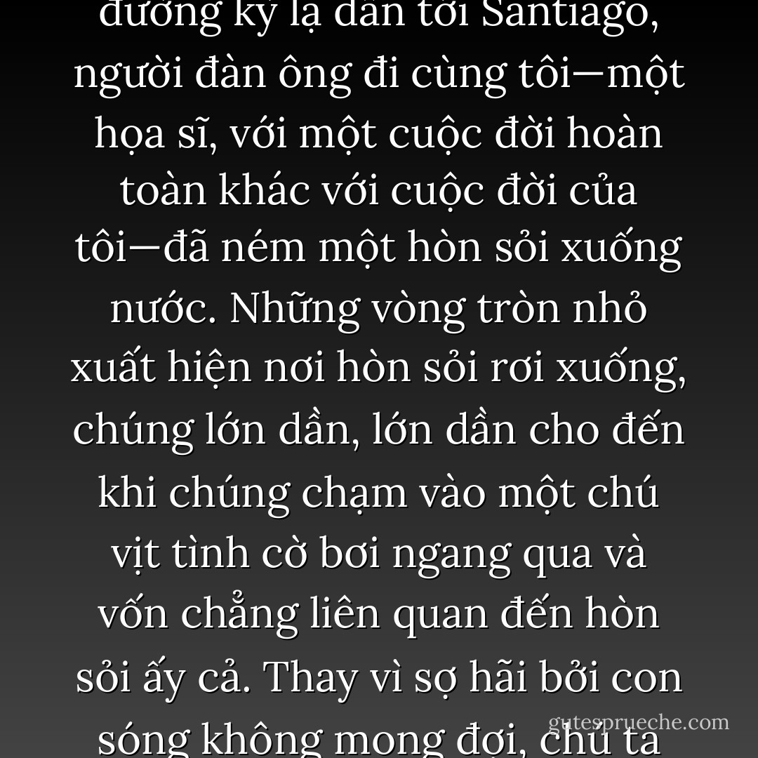 Hôm nay, trong khi chúng tôi đi dạo quanh hồ, dọc theo con đường kỳ lạ dẫn tới Santiago, người đàn ông đi cùng tôi—một họa sĩ, với một cuộc đời hoàn toàn khác với cuộc đời của tôi—đã ném một hòn sỏi xuống nước. Những vòng tròn nhỏ xuất hiện nơi hòn sỏi rơi xuống, chúng lớn dần, lớn dần cho đến khi chúng chạm vào một chú vịt tình cờ bơi ngang qua và vốn chẳng liên quan đến hòn sỏi ấy cả. Thay vì sợ hãi bởi con sóng không mong đợi, chú ta đã quyết định chơi đùa với nó. - Paulo Coelho