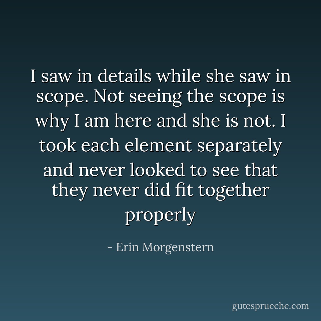 I saw in details while she saw in scope. Not seeing the scope is why I am here and she is not. I took each element separately and never looked to see that they never did fit together properly - Erin Morgenstern