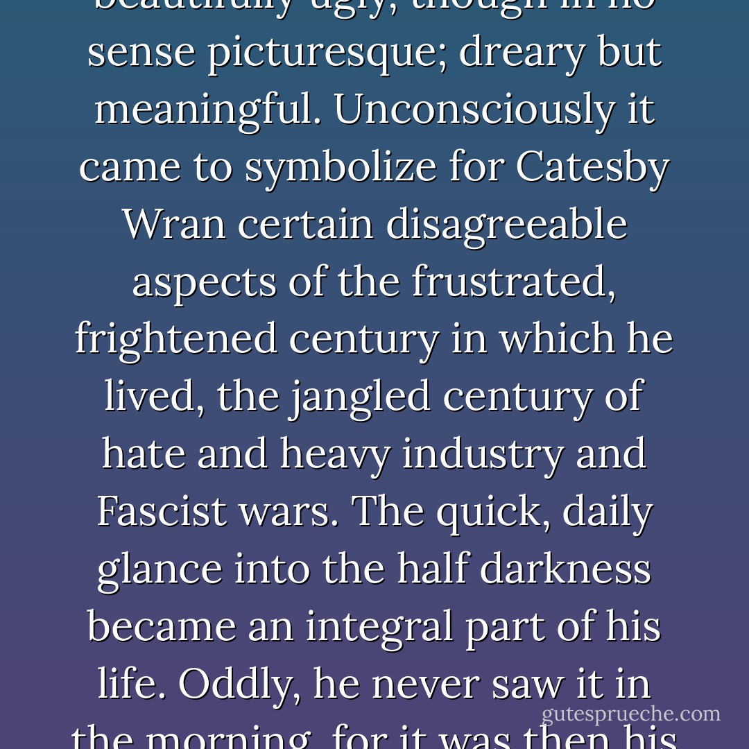 It had all begun on the elevated. There was a particular little sea of roots he had grown into the habit of glancing at just as the packed car carrying him homeward lurched around a turn. A dingy, melancholy little world of tar paper, tarred gravel, and smoky brick. Rusty tin chimneys with odd conical hats suggested abandoned listening posts. There was a washed-out advertisement of some ancient patent medicine on the nearest wall. Superficially it was like ten thousand other drab city roofs. But he always saw it around dusk, either in the normal, smoky half-light, or tinged with red by the flat rays of a dirty sunset, or covered by ghostly windblown white sheets of rain-splash, or patched with blackish snow; and it seemed unusually bleak and suggestive, almost beautifully ugly, though in no sense picturesque; dreary but meaningful. Unconsciously it came to symbolize for Catesby Wran certain disagreeable aspects of the frustrated, frightened century in which he lived, the jangled century of hate and heavy industry and Fascist wars. The quick, daily glance into the half darkness became an integral part of his life. Oddly, he never saw it in the morning, for it was then his habit to sit on the other side of the car, his head buried in the paper.<br /><br />One evening toward winter he noticed what seemed to be a shapeless black sack lying on the third roof from the tracks. He did not think about it. It merely registered as an addition to the well-known scene and his memory stored away the impression for further reference. Next evening, however, he decided he had been mistaken in one detail. The object was a roof nearer than he had thought. Its color and texture, and the grimy stains around it, suggested that it was filled with coal dust, which was hardly reasonable. Then, too, the following evening it seemed to have been blown against a rusty ventilator by the wind, which could hardly have happened if it were at all heavy. ("Smoke Ghost") - Fritz Leiber