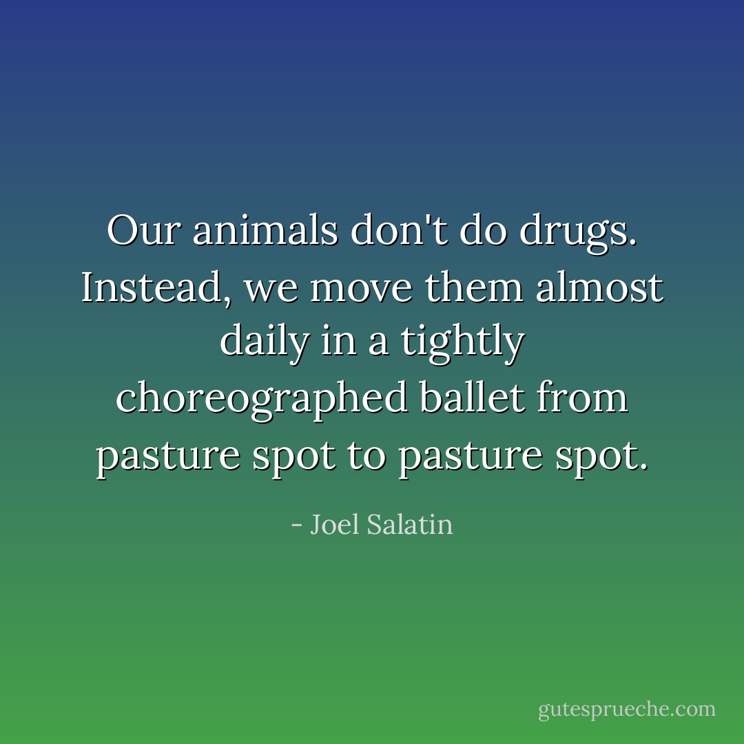 Our animals don't do drugs. Instead, we move them almost daily in a tightly choreographed ballet from pasture spot to pasture spot. - Joel Salatin